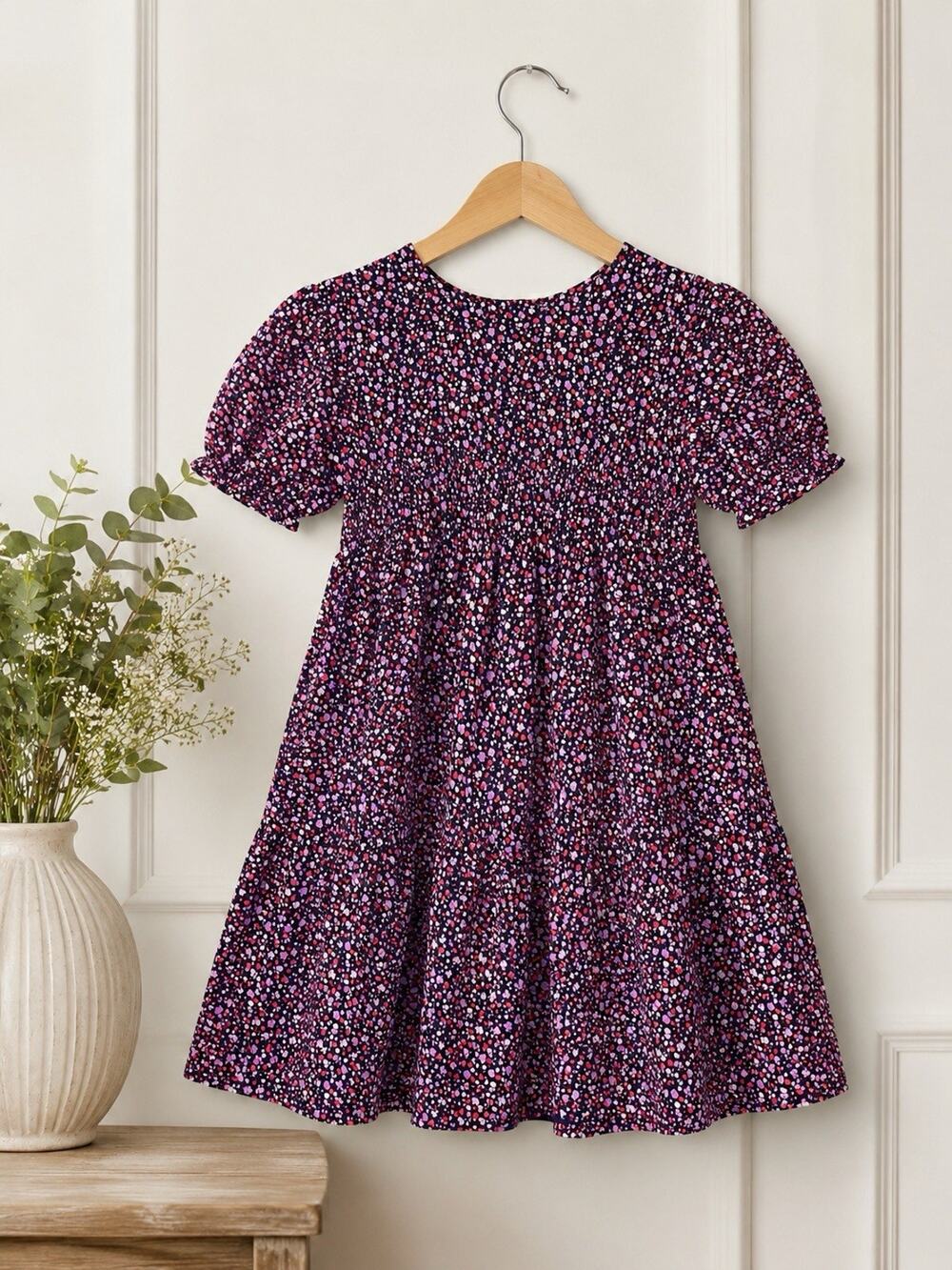 Gap Purple & Navy Floral Puff-Sleeve Tiered Dress, Vintage Sz 5 Cottage